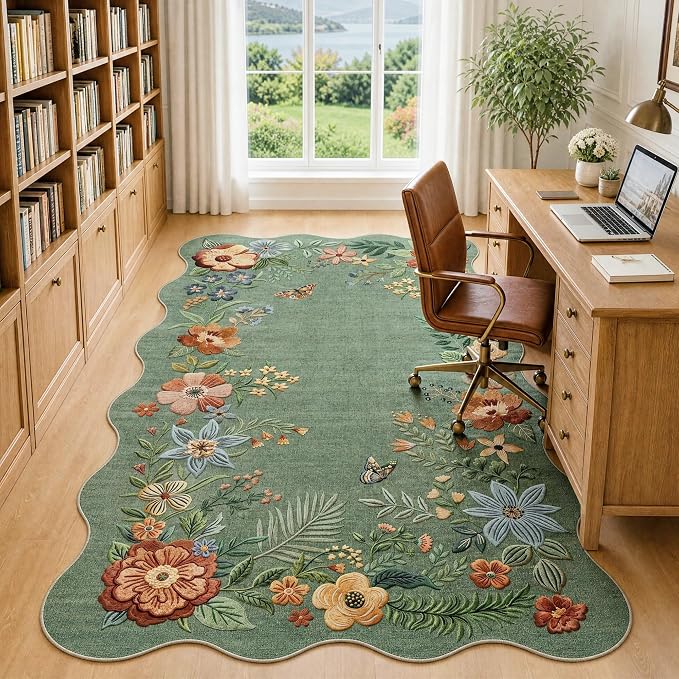 FMFUNCTEX 3x5 Washable Sage Green Floral Scalloped Area Rug for Entryway | Boho Vintage Flower Colorful Traditional Non Slip Low Pile Indoor Carpet Entrance Soft Rug Living Room Bedroom Kitchen