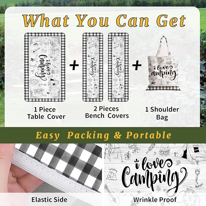 Picnic Table Cover with Bench Covers Elastic,Fitted Table Cloths for Rectangle Tables 6 Foot Washable,Waterproof Tablecloth for Outdoor Camping Essentials Accessories(6 Foot,Checked)