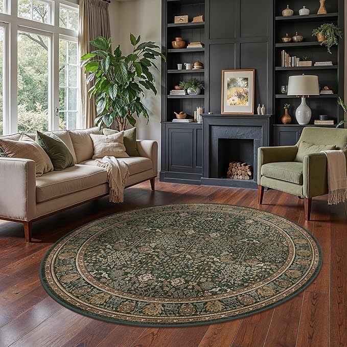 6ft Round Area Rug 6x6, Washable Non Slip, Dark Green Brown | Vintage Floral, Spill Resistant, Lightweight Low Pile Non-Shedding Carpet for Bedroom, Nursery and Dining Room