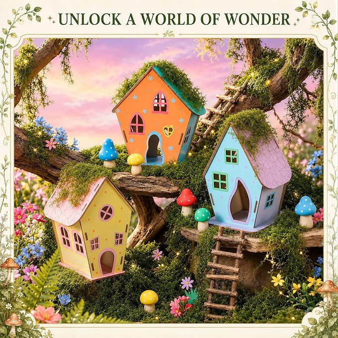 DoubleFill 12 Sets Wooden Fairy House Craft Kit for Kids - Classroom DIY Fairy Garden with Paints & Decorations - School Arts Crafts & Birthday Gift for Activity Party Decor (3 Mixed Lovely Styles)