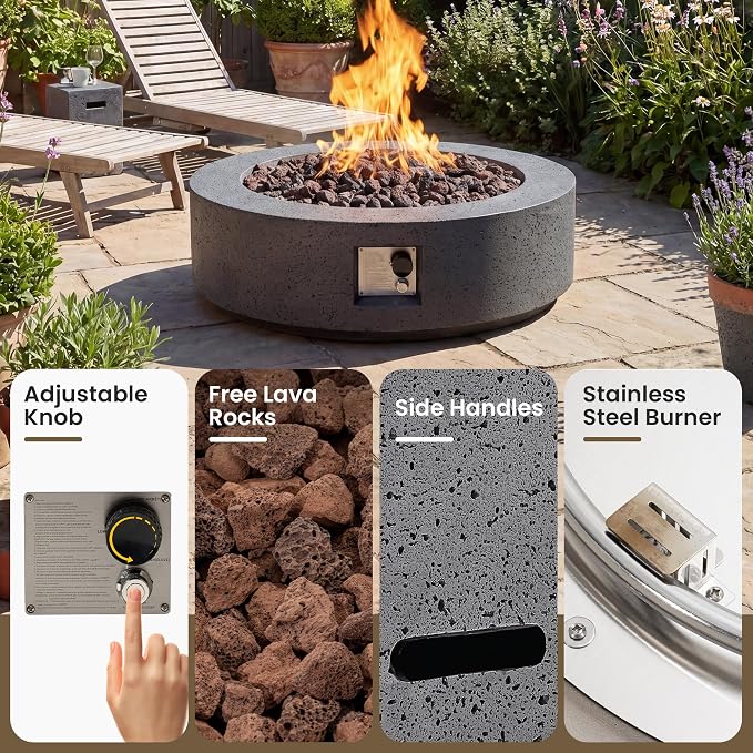 COSIEST 42 inch Outdoor Propane Fire Pit Coffee Table w Concrete Round Base Patio Heater, 50,000 BTU Stainless Steel Burner, Free Lava Rocks, Rain Cover, Gray