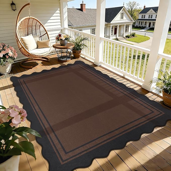 5x7 Scalloped Rug Easy Jute Washable Outdoor Patio Rug for Living Room Indoor Outdoor Black Brown Geometric Neutral Carpet for Backyard Patio Dining Room