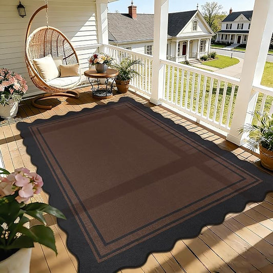 5x7 Scalloped Rug Easy Jute Washable Outdoor Patio Rug for Living Room Indoor Outdoor Black Brown Geometric Neutral Carpet for Backyard Patio Dining Room