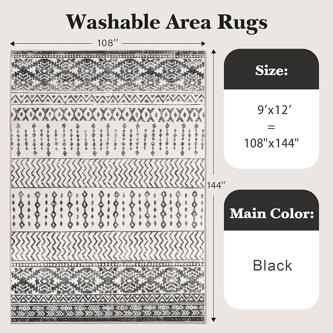 Art&Tuft 9x12 Area Rugs for Living Room, Large Washable Area Rug, Black | Low Pile, Soft & Lighweight, Folable, Stain Resistant Indoor Floor Mat Moroccan Carpet for Bedroom, Dining Room, Home Office
