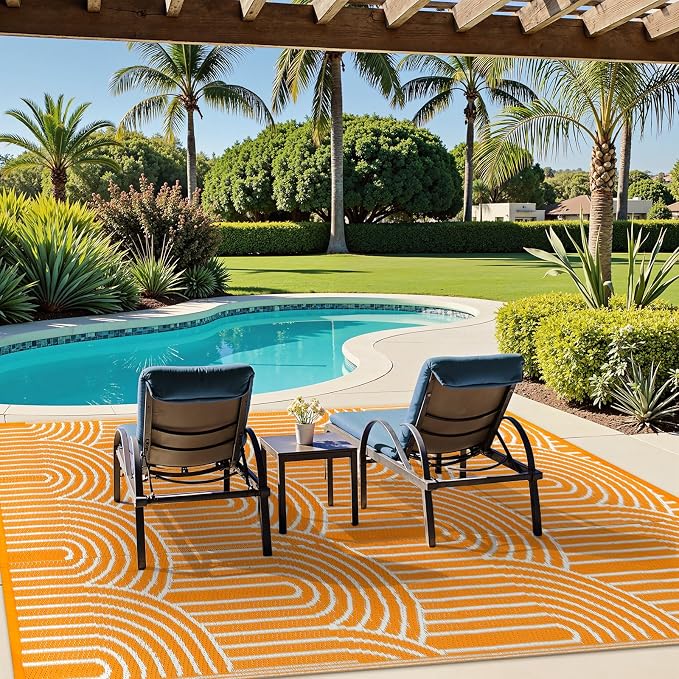 Anidaroel Patio Rugs Outdoor 6’x9’ Clearance Waterproof, Reversible Rainbow Outdoor Plastic Straw Outside Rugs, RV Outdoor Rugs for Camping, Porch, Balcony, Backyard (Orange,6‘X9')
