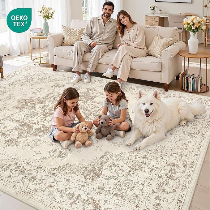 6x9 Area Rugs Living Room: Bedroom Washable Carpet Beige/Ivory | Vintage Boho Soft Small Indoor Decor Floor Non-Slip Low Pile Neutral Farmhouse Entryway Laundry Bathroom Bedroom Beside Rugs