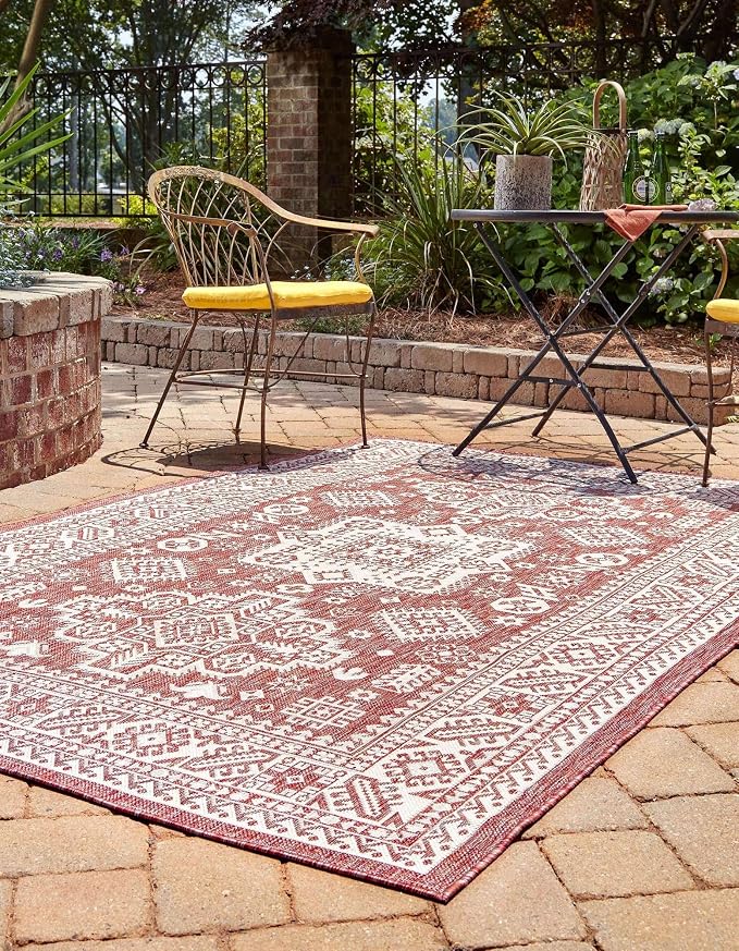 Unique Loom Outdoor Aztec Collection Area Rug - Chalca (10' x 14' 1" Rectangle, Rust Red/ Ivory)