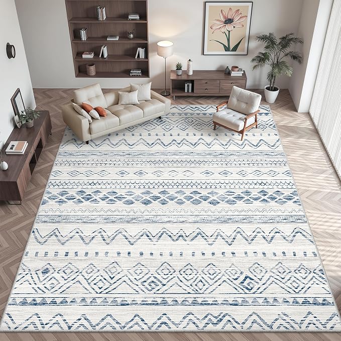 Miukiki 9x12 Area Rug for Living Room, Washable Non Slip Moroccan Rug Blue | Large Soft Rug for Kitchen Bedroom Dining Room Office, Low Pile Indoor Floor Carpet Home Decor 9'x12'