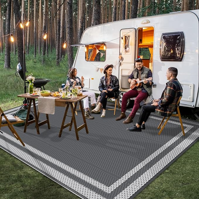 HappyTrends,Outdoor Rug,Patio Rug,Reversible Portable Plastic Straw Rug,Camping Rugs for Outside RV,Large Waterproof Area Rugs for Patio,Deck,Picnic,Porch,Balcony(6'x 9',White&Gray)