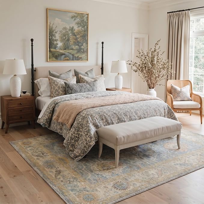 8X10 Living Room Area Rug, Boho Vintage Floral Washable Non Slip | Floral Vintage Rug for Bedroom Dining Room, Dusty Blue Soft Low Pile Faux Wool, Stain Resistant Non-Shedding Pet-Friendly