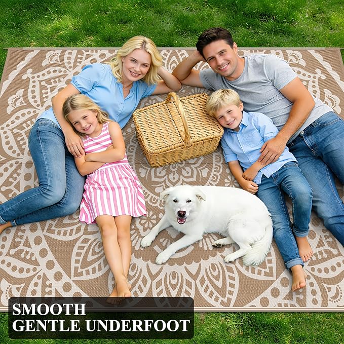Bsmathom Waterproof Outdoor Rug 8'x10' Brown | Reversible, Boho Plastic Straw, Portable RV Mat, For Patio, Deck, Camping, Porch, Balcony, Backyard, Beach, Pool