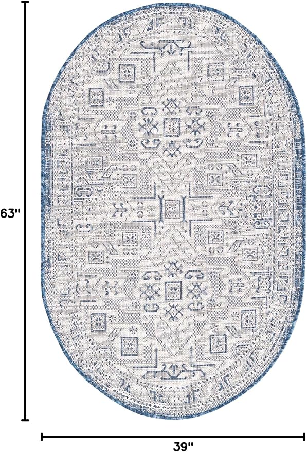 Unique Loom Outdoor Aztec Collection Area Rug - Coba (3' 3" x 5' 3" Oval, Blue/ Ivory)