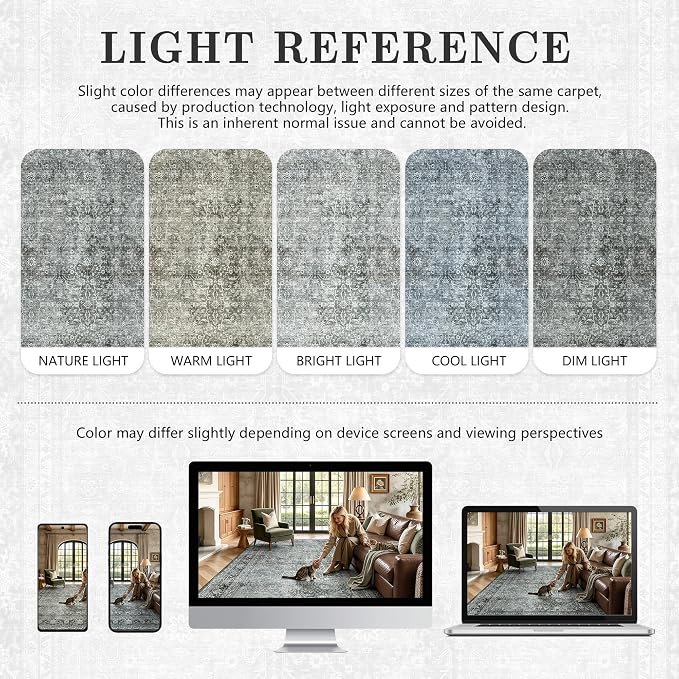 8x10 Area Rugs for Living Room - Washable Vintage Retro Large Rug, Soft Ultra Thin Non Slip Low Pile Traditional Distressed Boho Carpet for Bedroom Dining Room Home Office, Black Grey