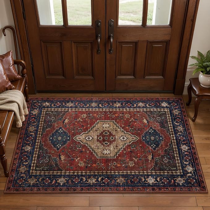 Tangsoo Oriental 2x3 Washable Rugs for Entryway, Non Slip Small Area Rug | Red Vintage Indoor Front Door Rug, Boho Print Door Mat Carpet, Soft Low Pile Throw Rugs for Entrance Entry Kitchen Bedroom