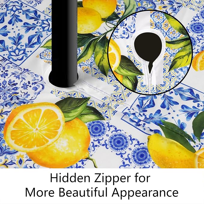 Outdoor Tablecloth with Umbrella Hole and Zipper, Oval Patio Table Covers for Spring/Summer, Machine Washable Outdoor Picnic Table Cloth (Mediterranean, 60" × 102" Oval)