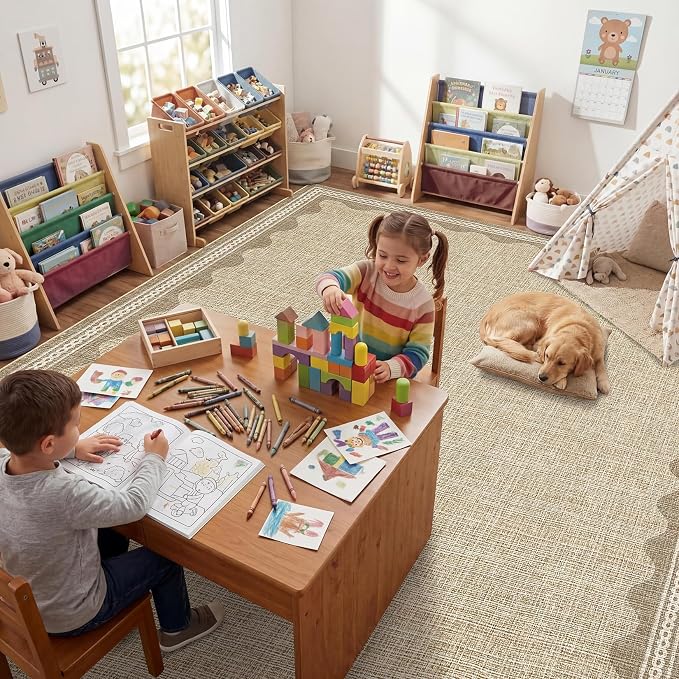 GarveeHome Scalloped Washable Area Rug 6x9 Rugs for Living Room Soft Low-Pile Solid Tan Jute Digital Printing Thin Carpet for Bedroom Dining Nursery Non Slip Mat with Rubber