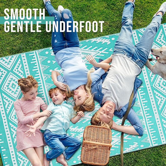 OLANLY Outdoor Rug Waterproof 6x9 ft, Reversible Outdoor Plastic Straw Rug, Boho Patio Rug, Indoor Outdoor Carpet, RV Mat Outside for Patio, Camp, Picnic, Balcony, Deck, Backyard, Turquoise & White