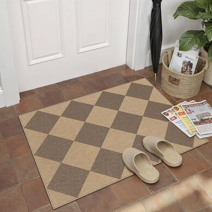 PureCozy 2x3 Checkered Easy Jute Kitchen Front Doormat Non Slip Washable Neutral Area Rug Diamond Non Shedding Low Pile Brown Checkerboard Floor Carpet for Farmhouse Entryway Porch Doorway