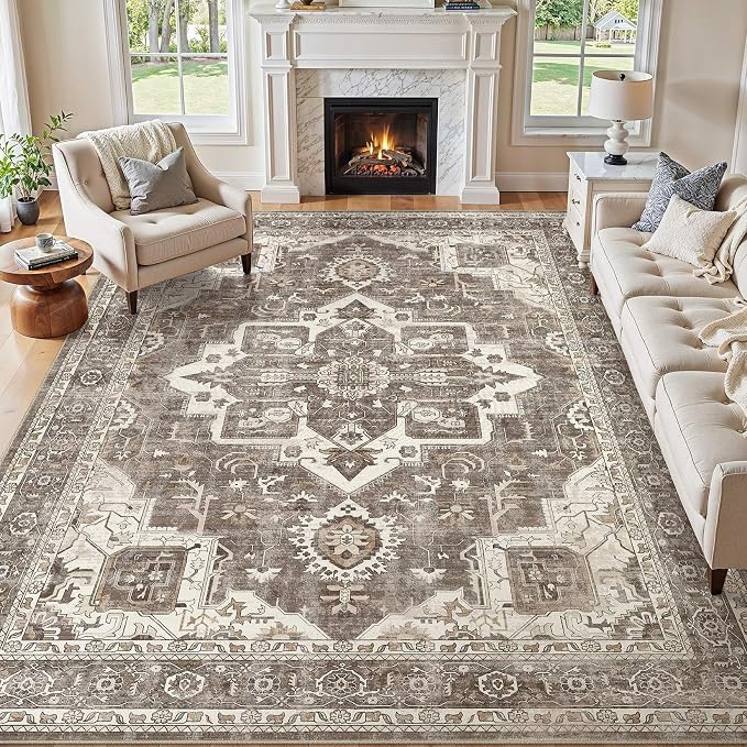 Vintage Washable 8x10 Area Rug for Living Room, Brown | Soft Low Pile Rug with Non-Slip Backing, Stain Resistant for Bedroom or Dining Room, Kid & Pet Friendly