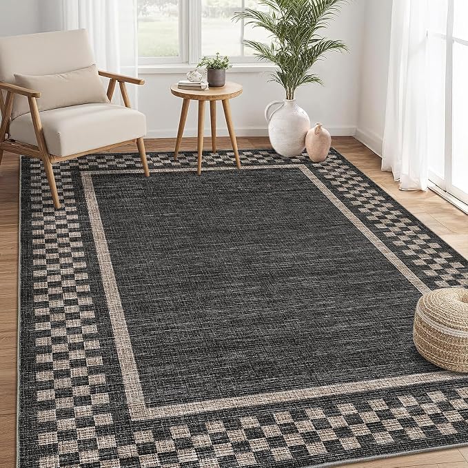 GarveeHome 4x6 Rug Small Washable Living Room Rug Modern Bordered Area Rugs | with Rubber Backing Soft Non Slip Low Pile Dining Room Throw Carpet Checkered Geometric Mats for Bedroom Kitchen, Black
