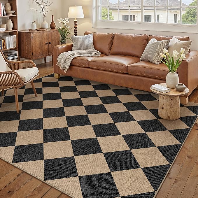 PureCozy 5x8 Checkered Easy Jute Area Rug for Living Room Checkerboard Washable Indoor Outdoor Carpet Farmhouse Patio Office Mat Geometric Non Slip Black Carpet for Backyard Dining Room