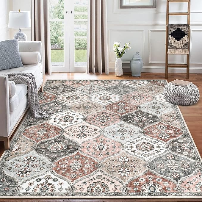ROYHOME 8x10 Area Rug Moroccan Trellis Machine Washable Rug, Pink/Grey | Vintage Medallion Distressed Indoor Accent Rug Stain Resistant Non-Slip Floor Cover Carpet for Living Room Bedroom