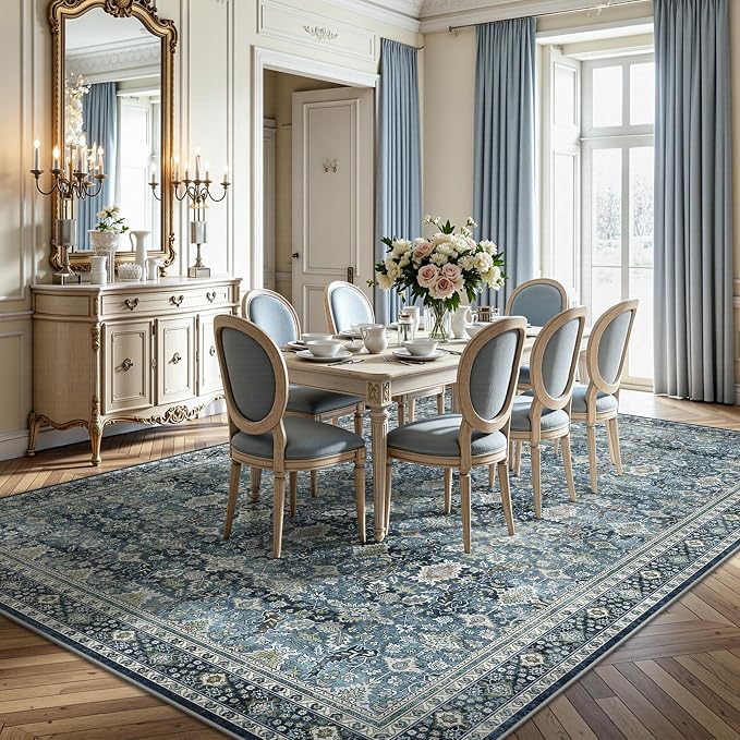 6x9 Area Rugs - Washable Vintage Retro Living Room Rug, Soft Ultra Thin Non Slip Low Pile Traditional Distressed Boho Carpet for Bedroom Dining Room Nursery Home Office, Blue
