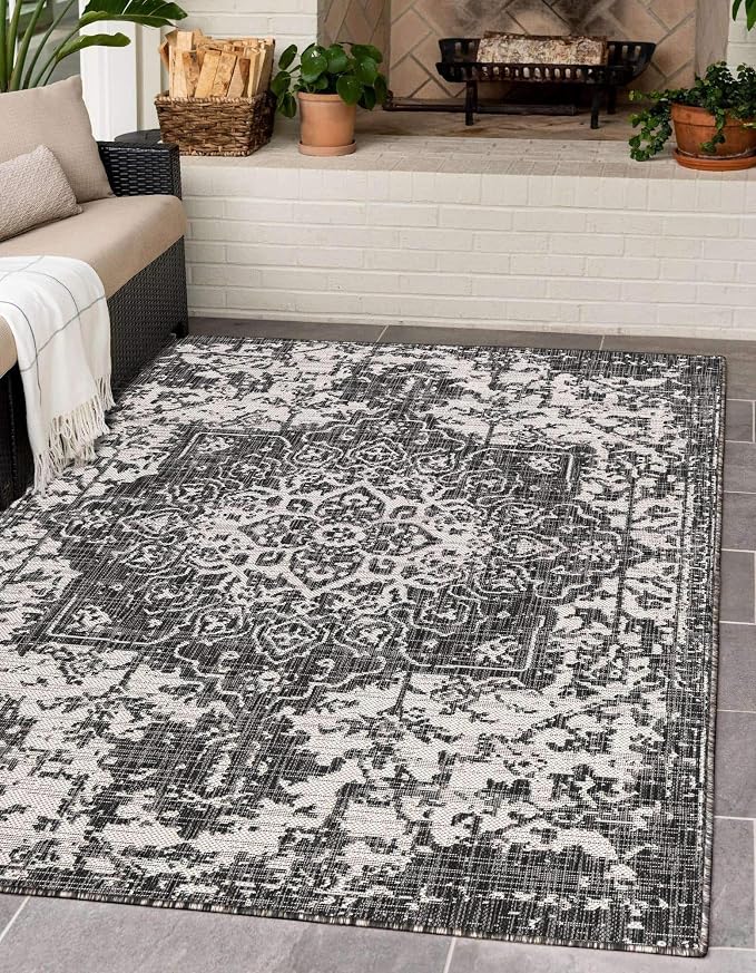 Unique Loom Outdoor Collection Area Rug - Dubai (9' x 12' Rectangle, Charcoal Gray/ Ivory)
