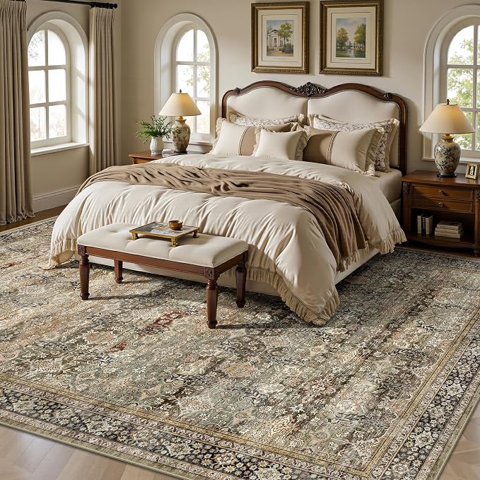 9x12 Area Rugs for Living Room - Washable Vintage Retro Large Rug, Soft Ultra Thin Non Slip Low Pile Traditional Distressed Boho Carpet for Bedroom Dining Room Home Office, Charcoal Olive