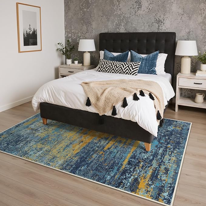 BEIMO 5x7 Washable Area Rug for Living Room, Wave Abstract Blue Orange | Soft Machine Washable Modern Rug,Streaks Pattern Non Slip Indoor Carpet for Dining Room Playroom Bedroom Office