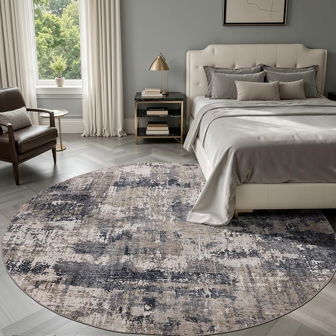 Sasttie 6ft Round Area Rug, Modern Abstract Circle Carpet, Black & Beige | Machine Washable, Ultra-Soft Faux Wool, Low Pile, Non-Slip, Lightweight, Thin, for Living Room, Bedroom, Dinning Room & Dorm