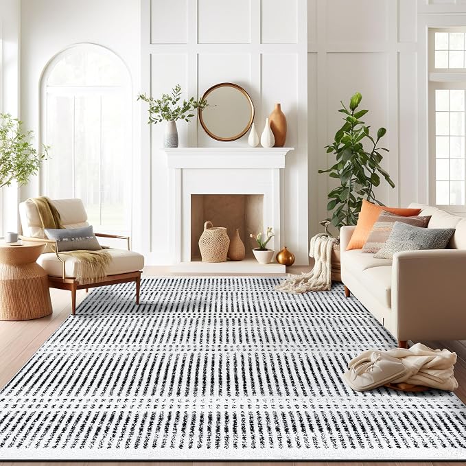 Rugshop Contemporary Stripe Lines High Traffic Area Rug Cream 7'10" x 10' | Rectangular, Size 7'10" x 10', Living Room, Bedroom, Dining Room, Home Office, Kitchen, Entryway, Hallway, Nursery, Kids Room