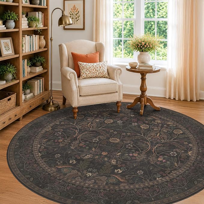 Brown Floral 6ft Round Rug for Living Room Kitchen Dining Room Under Table, Thin Low Pile Soft Botanical Patern Area Rug for Living Room Bedroom, Traditional Home Décor Non Skid (Black and Brown)