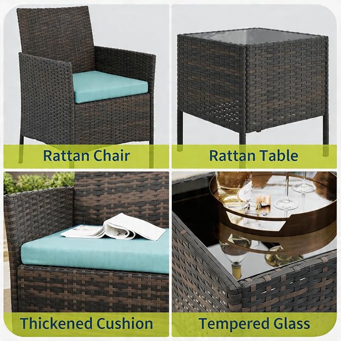 3-Piece Outdoor Furniture Set, PE Rattan Wicker Chairs with Soft Cushions & Tempered Glass Coffee Table - All-Weather Patio Set for Garden, Backyard, Porch, Poolside (Brown/Dark Blue)
