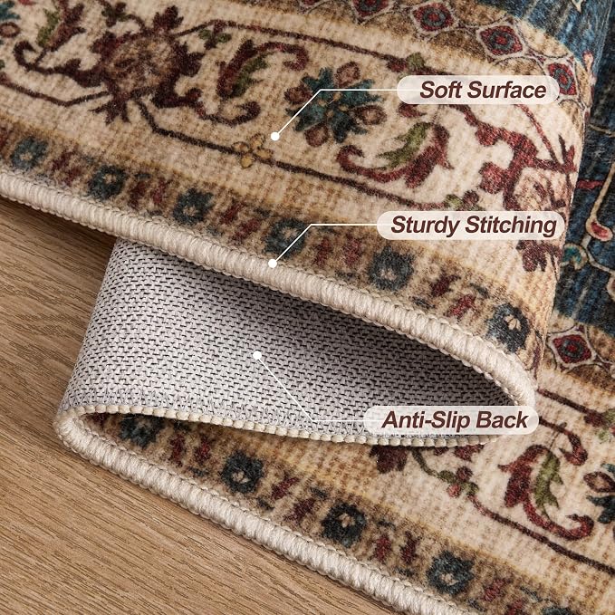 Tangsoo Vintage 2x6 Washable Runner Rugs for Hallways, Non Slip Rug Runner | Oriental Soft Low Pile Long Rug, Boho Carpet Runners for Kitchen Bedroom Entryway Bathroom Living Room Dark Blue Beige