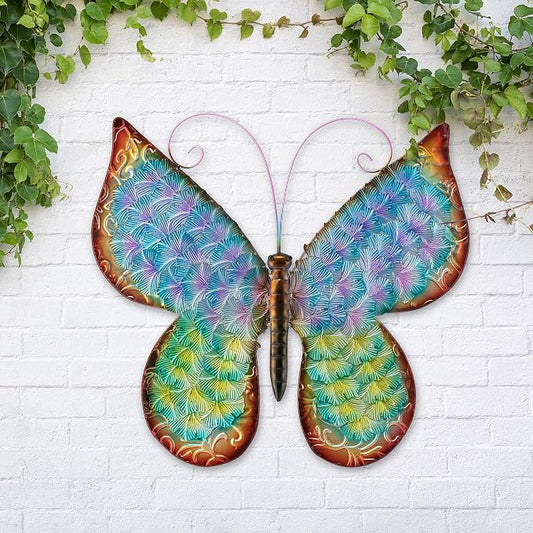 Glitzhome Metal Butterfly Wall Decor, 20 "H Colorful Metal Bionic Butterfly Wall Art with Hand Painted Distressed Finish and 3D Embossed Texture, Outdoor Porch Patio Home Wall Accent