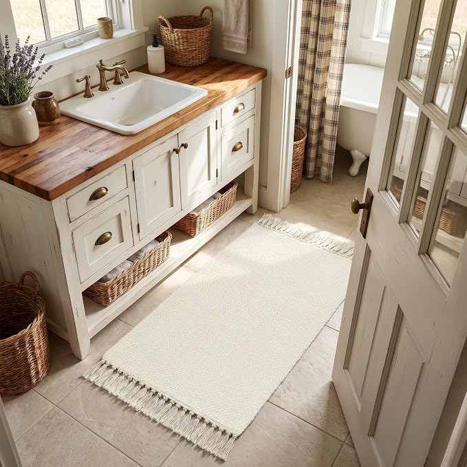 2' x 4.3' Boho Kitchen Runner Rug, White Washable Bathroom Rug | Hand-Woven Reversible Entryway Rug, Modern Farmhouse Soft Front Door Mat, Low Profile Bedroom Rugs for Laundry Bedside Decor