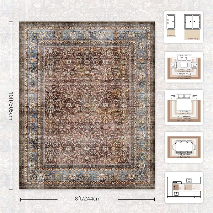 8x10 Area Rugs for Living Room - Washable Vintage Retro Large Rug, Soft Ultra Thin Non Slip Low Pile Traditional Distressed Boho Carpet for Bedroom Dining Room Home Office, Dark Red Brown