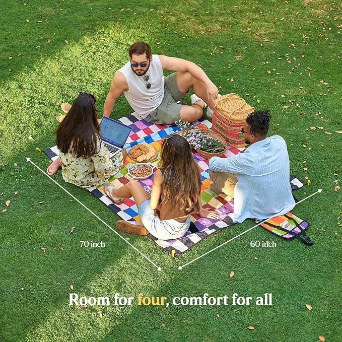 Cozy Club Waterproof Picnic Blanket – Foldable Outdoor Mat 60x70 with Stakes, Pocket & Shoulder Strap | Sandproof Beach Blanket for Festivals, Camping & Travel | Self-Packing | Multicolor | US Brand