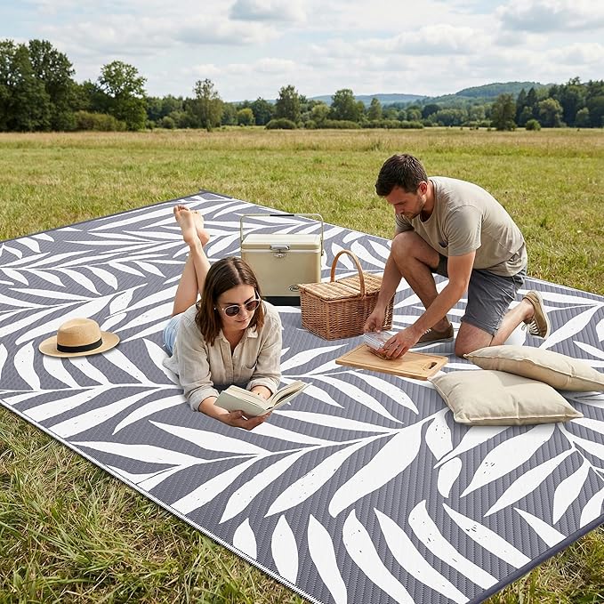 Smiry Outdoor Rug 9x12 ft, Waterproof Reversible Plastic Straw Rugs, Outdoor Area Rug with Leaf Pattern, Outside Floor Mat for Patio, Backyard, Deck, Picnic, Beach, Camping, Grey & White