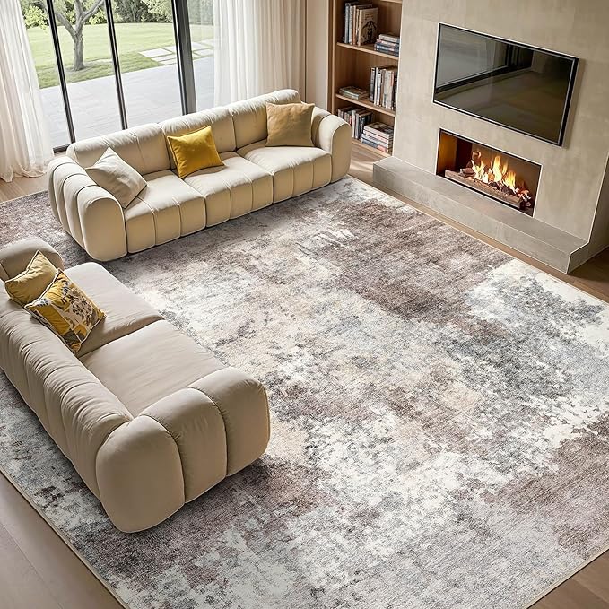 Tortania Washable 8x10 Area Rug for Living Room: Modern Abstract Neutral Large Soft Thin Rugs - Non Slip Indoor Carpet for Bedroom Dining Room Office Nursery Home Floor Decoration - Gray Brown