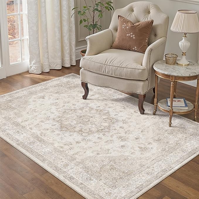 Beige 3x5 Washable Area Rug Vintage Oriental Medallion Doormat | Soft Low Pile, Non Slip, Stain Resistant, Neutral Retro Decor for Enyrtway, Living Room, Bedroom, Kids Room