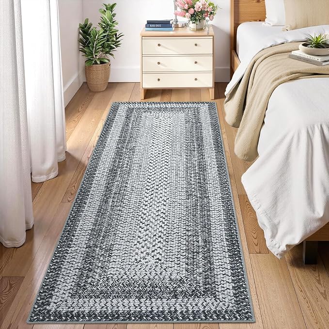 RUGSREAL Braided Print Runner Rug 2x8 Machine Washable Hallway Runner Rugs | Entryway Long Throw Carpet Non Slip Kitchen Mat Living Room Rustic Carpet for Bedroom Dining Room, Grey