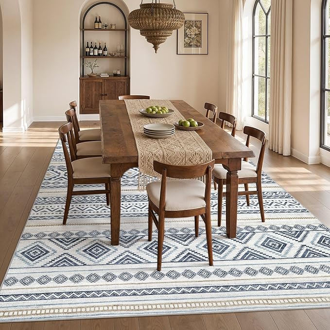 cotiled Boho 7x9 Area Rug for Living Room: Large Moroccan Washable Rug | Solve Modern Neutral Trendy Home Decor - Stain Resistan Indoor Carpet for Bedroom Farmhouse Dining Room Blue