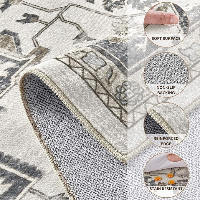 Vintage Washable 6x9 Area Rug for Living Room, Heathered Grey | Soft Low Pile Rug with Non-Slip Backing, Stain Resistant for Bedroom or Dining Room, Kid & Pet Friendly