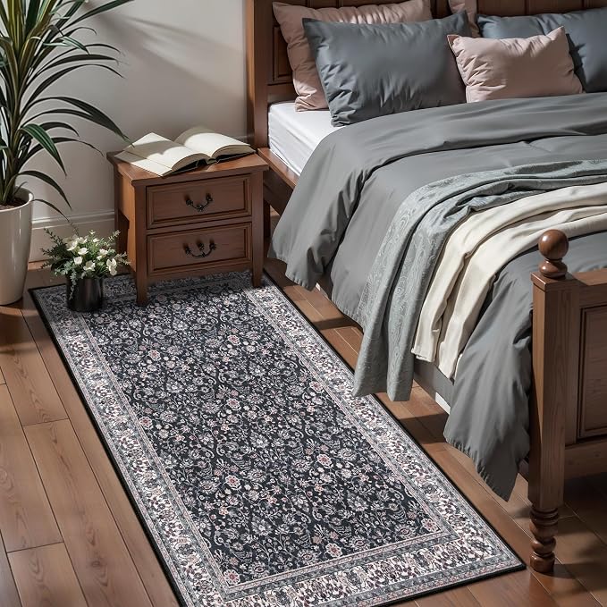 Ciicool Boho Black 2x4 Runner Rug Entrance Small Rug Vintage Floral Soft Non-Slip Kitchen Washable Area Rugs for Hallway Foyer Bathroom Laundry Room Bedroom Decoration
