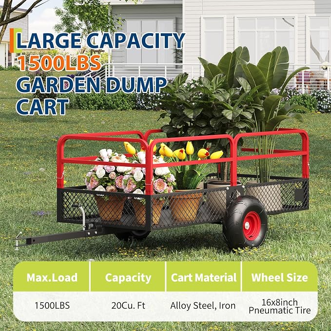 PeakPursuit Tow Behind Steel Dump Cart, Heavy Duty Yard Garden Trailer with Removable Sides & All Terrain Tires, Fits Lawn Mower, Tractor, Garden Cart, 1500 lbs 20 Cubic Feet, Red