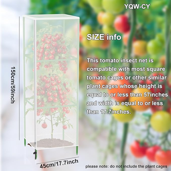 Garden Bird Netting Cover for Square Plant Cage, Plant Cover 59" x 17.7" Insect Tomato Cage Net with Zipper and Drawstring, Tomato Trellis Netting Protection Cover for Protecting Plant (6 Pack)