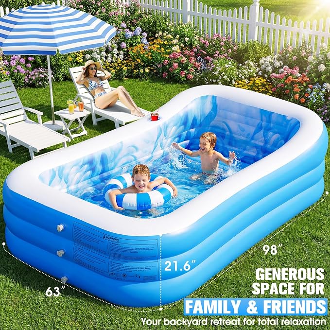 Inflatable Pool with Seat & Headrest,Large Blow Up Pool98x63x21.6IN | Oversized Thickened Blow Up Pool for Audlt,Inflatable Backyard Audlt Pool,Durable Swim Center Inflatable Family Lounge Pool