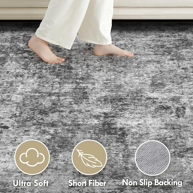 Tortania Washable 9x12 Area Rug for Living Room: Modern Abstract Neutral Large Soft Thin Rugs - Non Slip Indoor Carpet for Bedroom Dining Room Office Nursery Home Floor Decoration - Charcoal Grey
